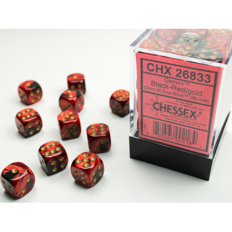 Gemini Black-Red/gold 12mm d6 Dice Block (36 dice)