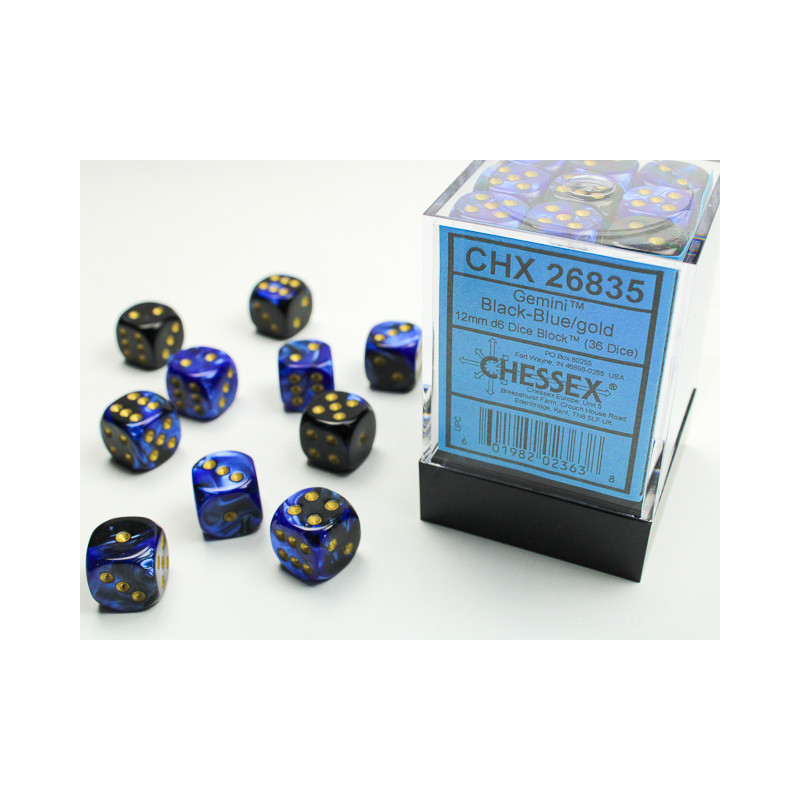 Gemini Black-Blue/gold 12mm d6 Dice Block (36 dice)