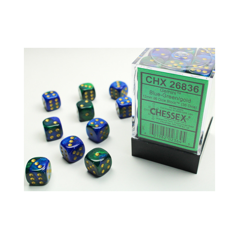 Gemini Blue-Green/gold 12mm d6 Dice Block (36 dice)