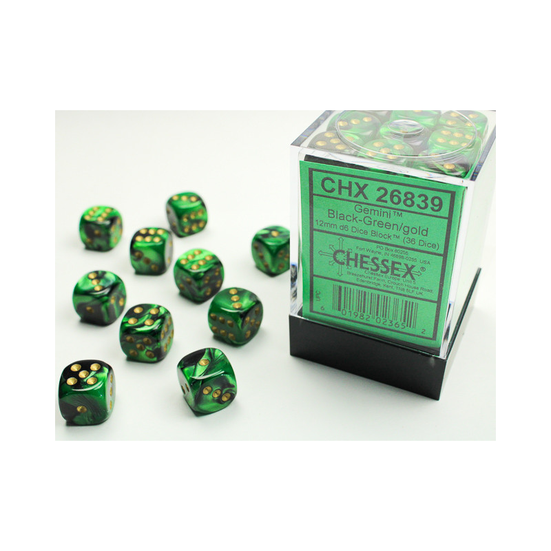 Gemini Black-Green/gold 12mm d6 Dice Block (36 dice)