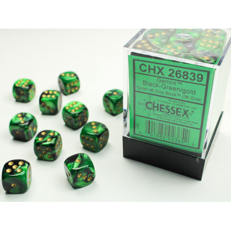 Gemini Black-Green/gold 12mm d6 Dice Block (36 dice)