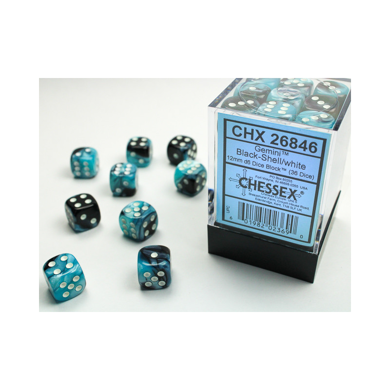 Gemini Black-Shell/white 12mm d6 Dice Block (36 dice)