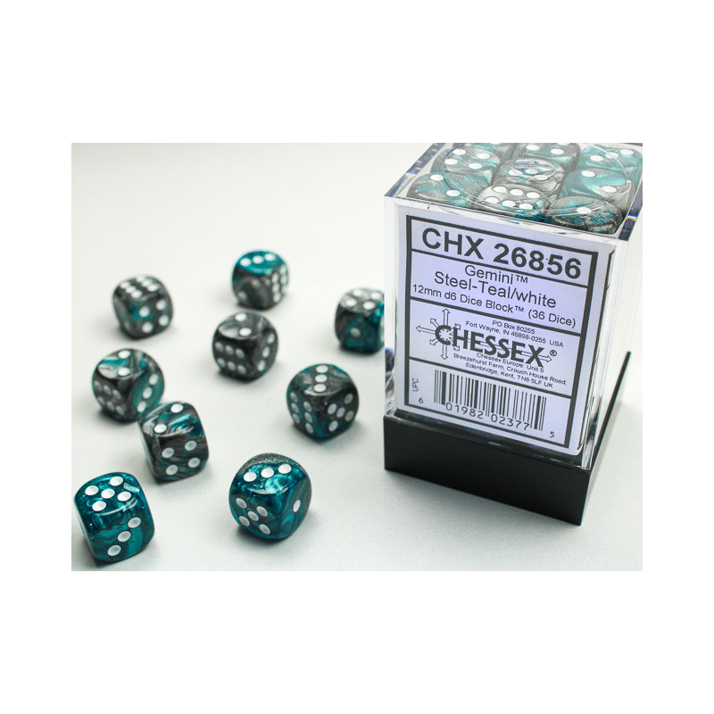 Gemini Steel-Teal/white 12mm d6 Dice Block (36 dice)