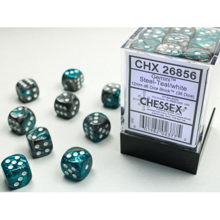 Gemini Steel-Teal/white 12mm d6 Dice Block (36 dice)