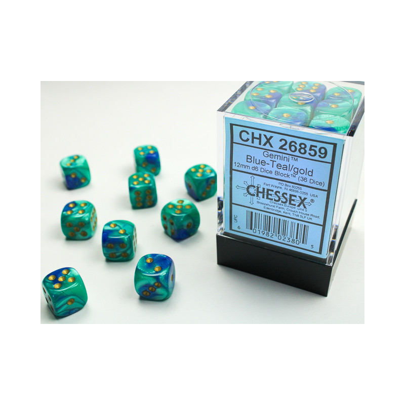 Gemini Blue-Teal/gold 12mm d6 Dice Block (36 dice)