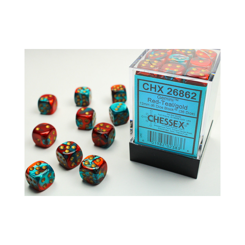 Gemini Red-Teal/gold 12mm d6 Dice Block (36 dice)