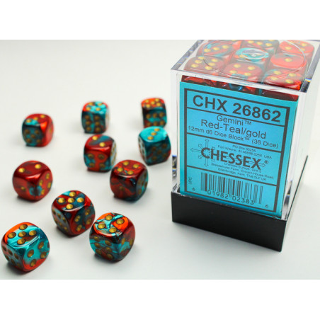 Gemini Red-Teal/gold 12mm d6 Dice Block (36 dice)