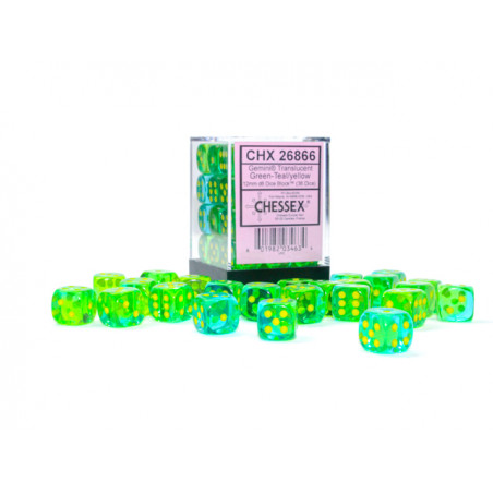 Gemini Translucent Green-Teal/yellow 12mm d6 Dice Block (36 dice)