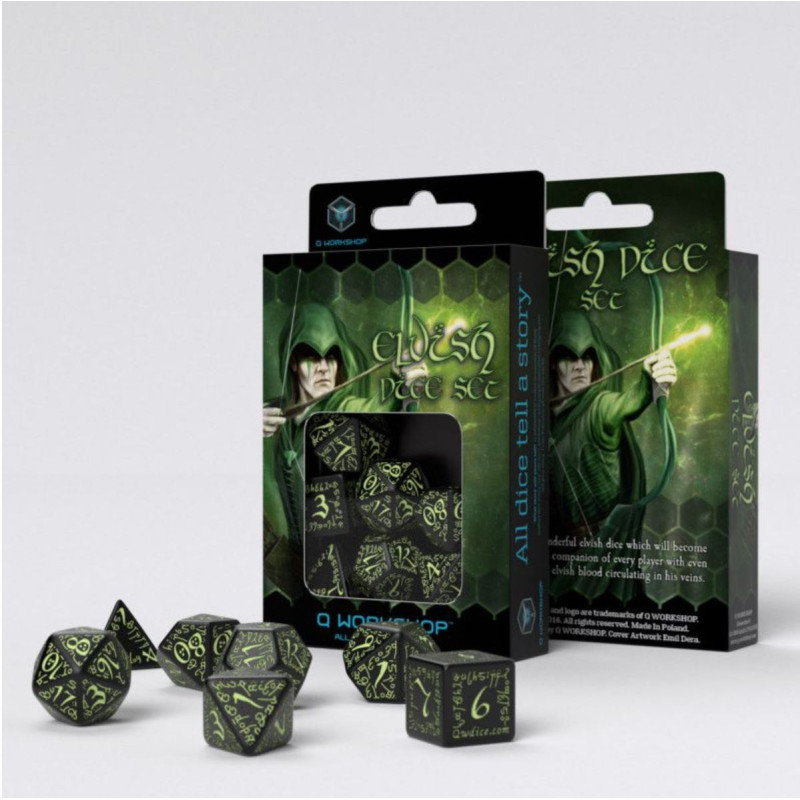 Elvish Dice Set: Black & Glow-in-the-Dark