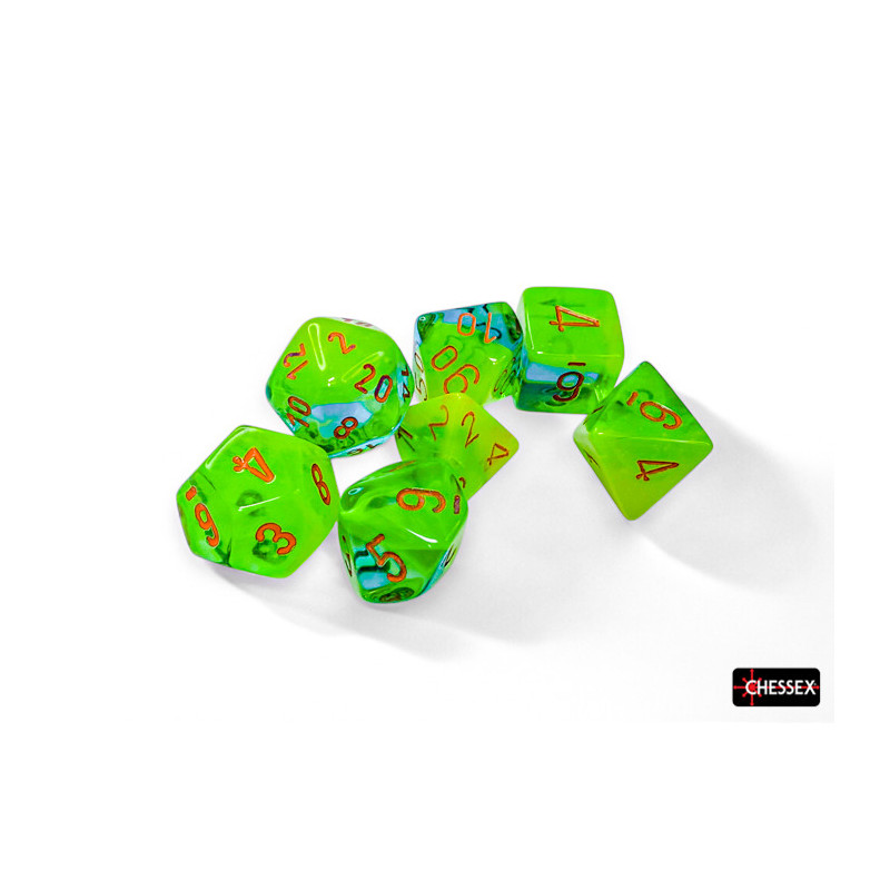 Gemini Plasma Green-Teal/orange Luminary Polyhedral 7-Dice Set
